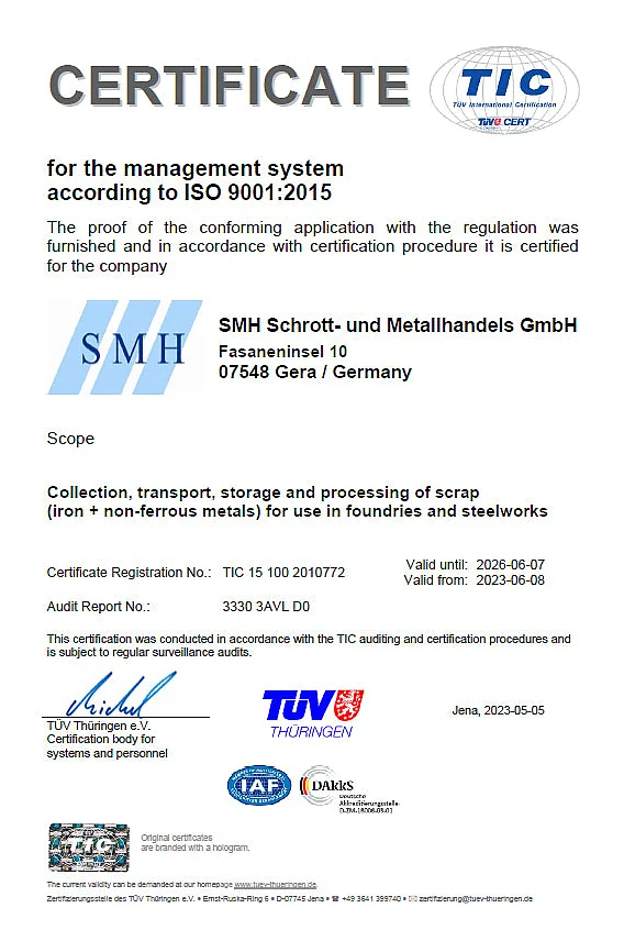 Certificate for the managament system according to ISO 9001:2015