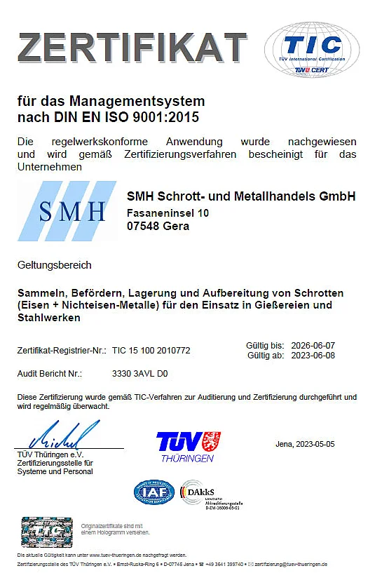 Zertifikat für das Managementsystem nach DIN EN ISO 9001:2015